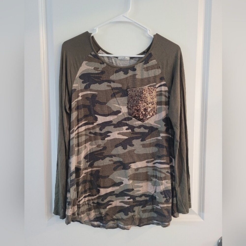 Mon Ami Camo and Bronze Sequin Long Sleeve Blouse Top
